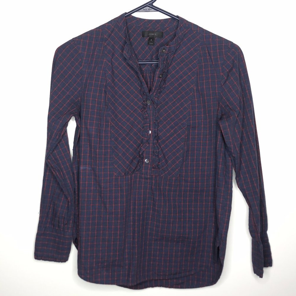 J Crew Womens Blue And Red Grid Check Plaid Ruffle Popover Blouse Shirt Size 0